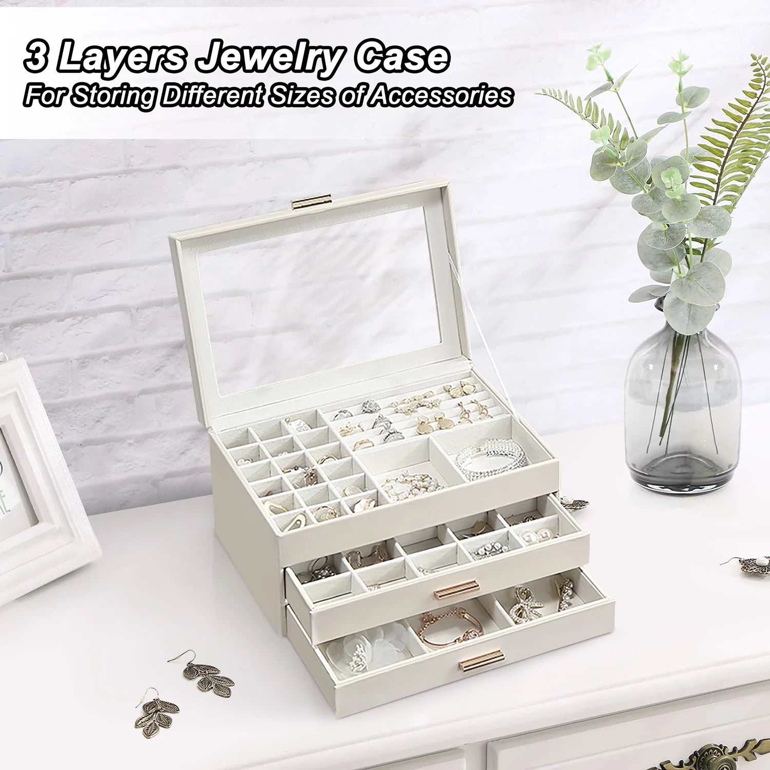 3 Layer Jewelry Box Organizer for Women Girls Kids, Visible Jewelry Case with Flip Lid for Women'S Day Mother'S Day - White