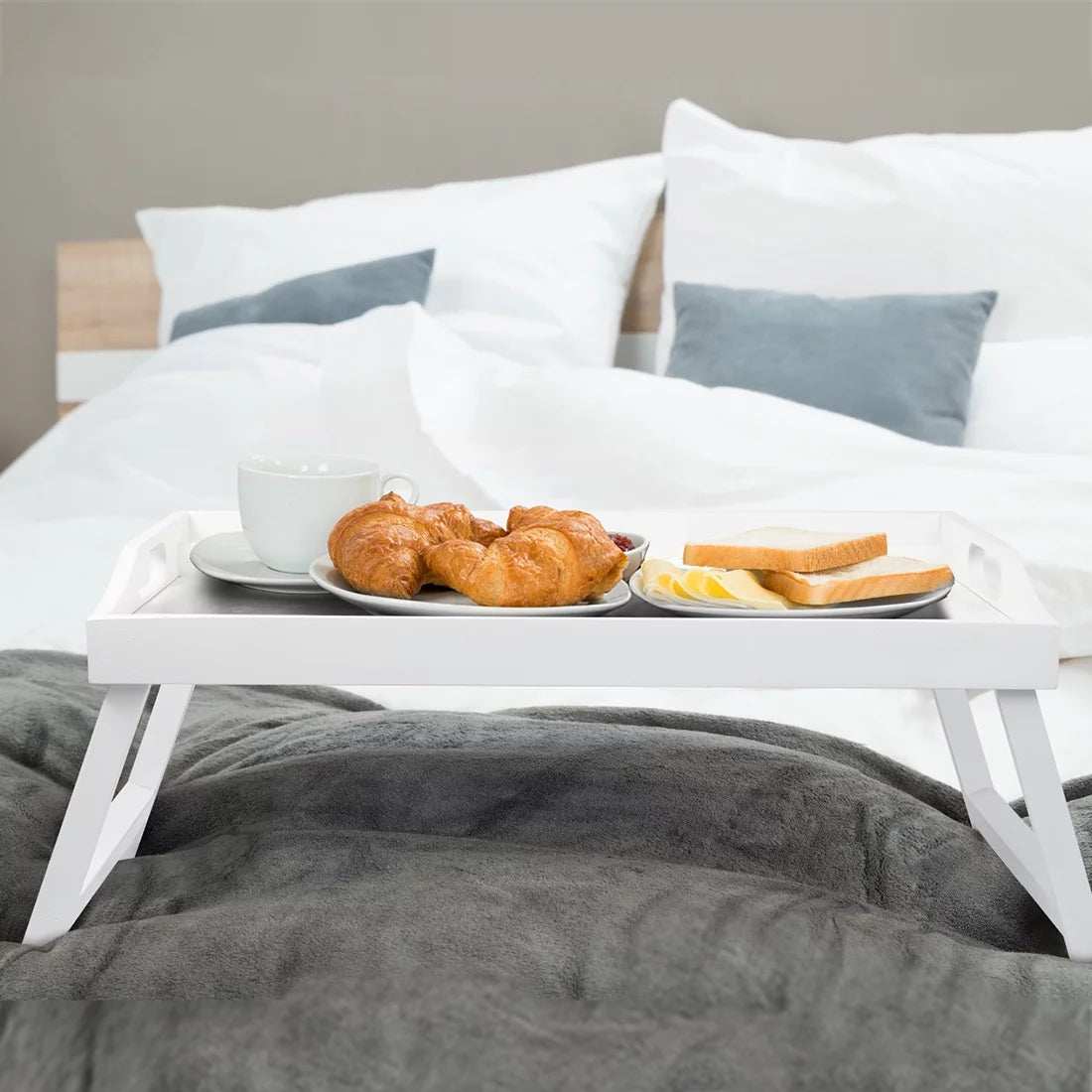 Bed Tray Table with Carrying Handles Folding Legs Bamboo White Lap Table Tray with Phone Holder, Rectangle Food Serving Trays for Eating on Bed, 20"X12", White