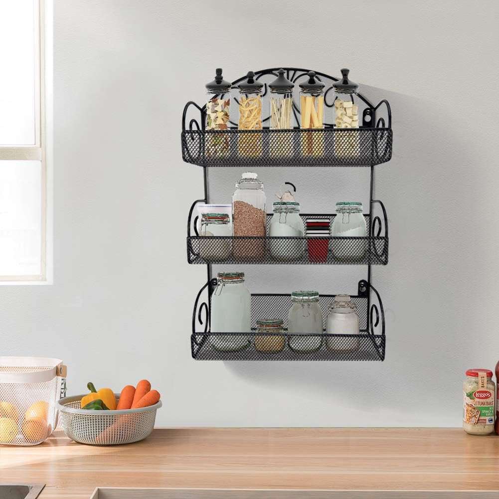 3 Tier over the Door Spice Rack, Hanging Organizer for Cabinet Pantry Kitchen Bathroom, Over-Door or Wall Mounting, Black