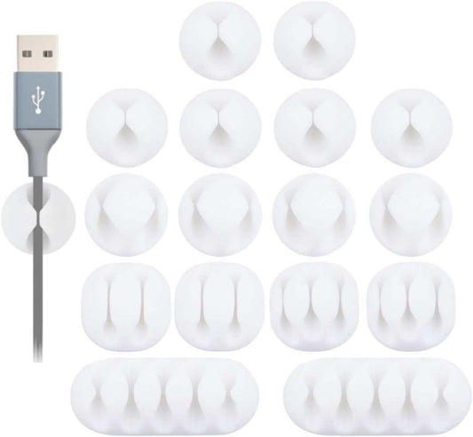 Desk Cable Management Cord Organizer, 16 Pack White Self Adhesive Cord Holder Cable Clips, Ideal Cable Organizer Wire Keeper for Desk, Nightstand, Phone Charger, Computer, Home, Office, Car