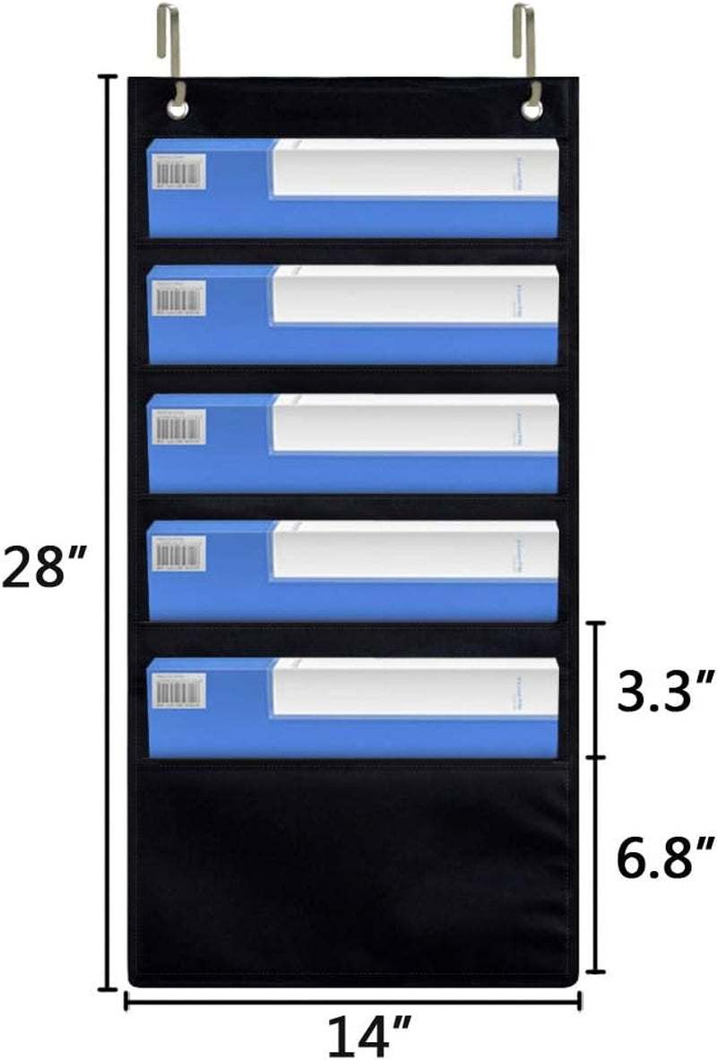 Hanging Wall Organizer, over the Door Office Supplies File Document Organizer Holder for Home Bill Filing, Mail Organizer, Wall Mounted File Folders - 5 File Pockets Chart and 2 File Hangers