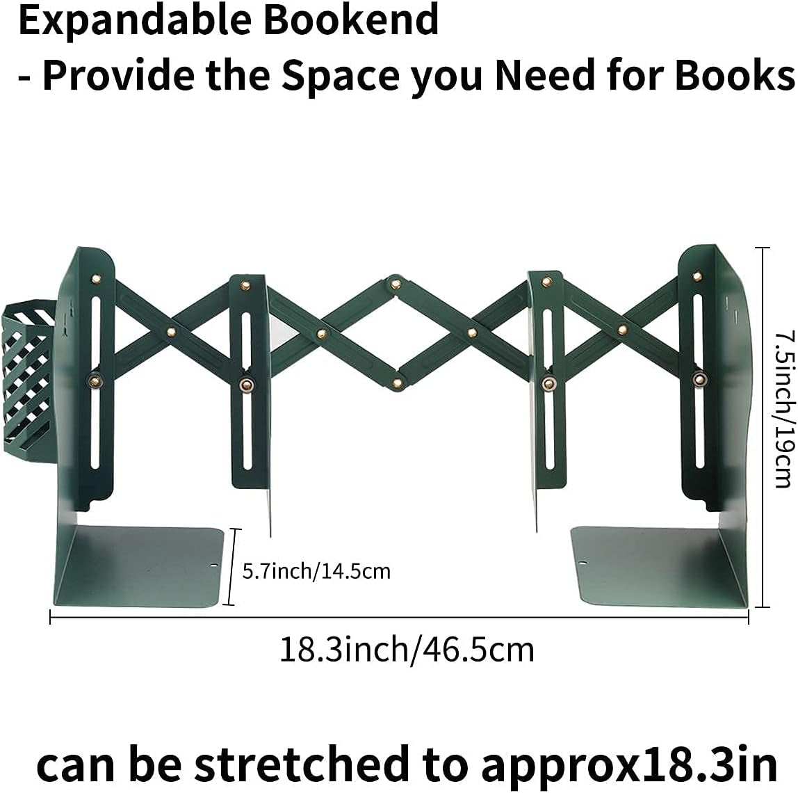 Adjustable Bookends Extra Long Telescopic Size Expandable Book End with Pen Holder, Metal Bookends Holder for Heavy Duty Books, Book Ends for Shelves & Office, Green