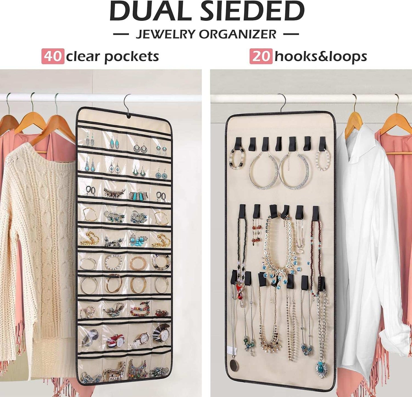 Dual-Sided Hanging Jewelry Organizer with 40 Pockets and 20 Hook & Loops Closet Necklace Holder for Earring Bracelet Ring Chain with Rotating Hanger, Beige