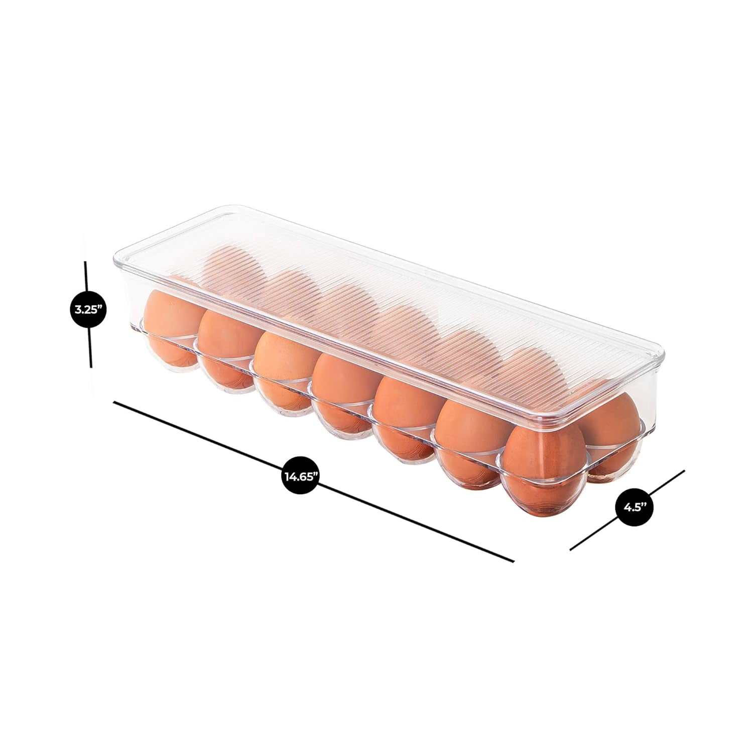 Stackable Refrigerator Egg Holder Bin with Handle and Lid - BPA Free Plastic - Fridge Drawer, Freezer Tray, Kitchen Pantry Storage Container Organizer - 14.65 X 3.25 Inch - Clear