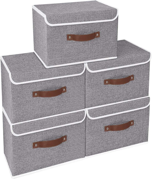 25 Quart Storage Bin Cube Organizer Basket, Fabric Storage Box with Lids, Washable and Leather Handle for Home, Closet Storage, Grey, 15.0''Lx9.8''Wx9.8''H, 5-Pack, USNK024GL-5