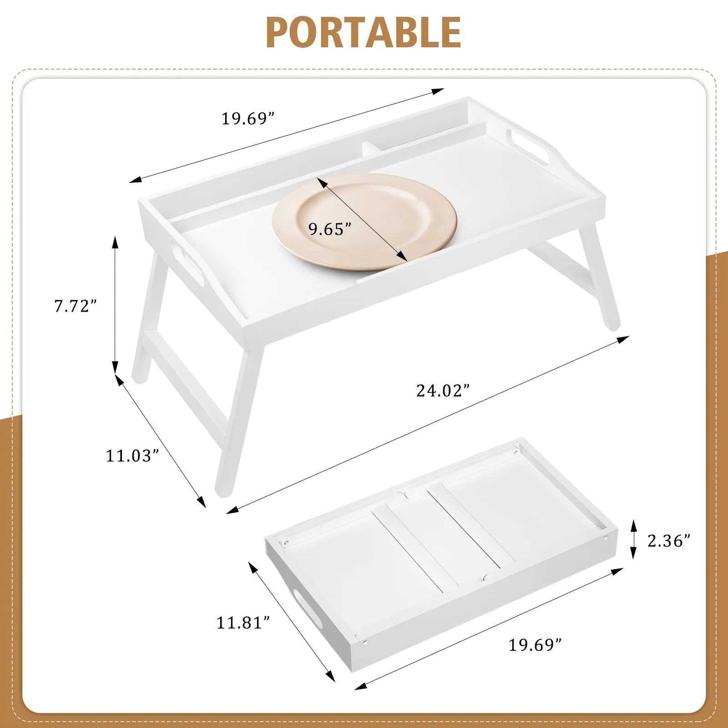 Bed Tray Table with Carrying Handles Folding Legs Bamboo White Lap Table Tray with Phone Holder, Rectangle Food Serving Trays for Eating on Bed, 20"X12", White