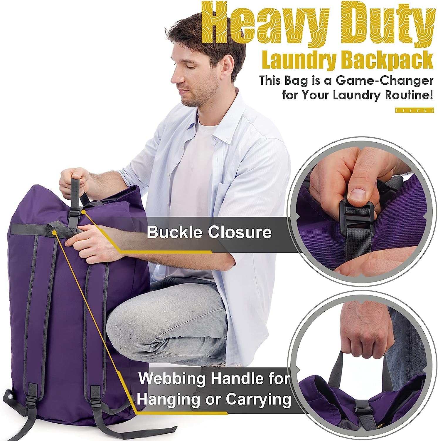 College Laundry Bag Extra Large Heavy Duty, Purple 115L Laundry Backpack Bag with Handle, Sturdy Dorm Laundry Bag with Drawstring Closure, Heavy Duty Laundry Bag for College, Camp, Laundromat