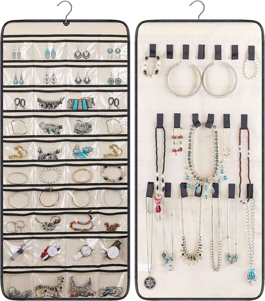 Dual-Sided Hanging Jewelry Organizer with 40 Pockets and 20 Hook & Loops Closet Necklace Holder for Earring Bracelet Ring Chain with Rotating Hanger, Beige