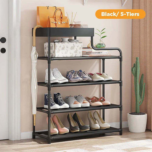 5-Tier Free Standing Shoe Rack, 30.9 Inches Shoe Shelf, Entryway Shoe Organizer Storage Cabinet, with 4 Fabric Shelves and Storage Top for Bags or Shoes, Black