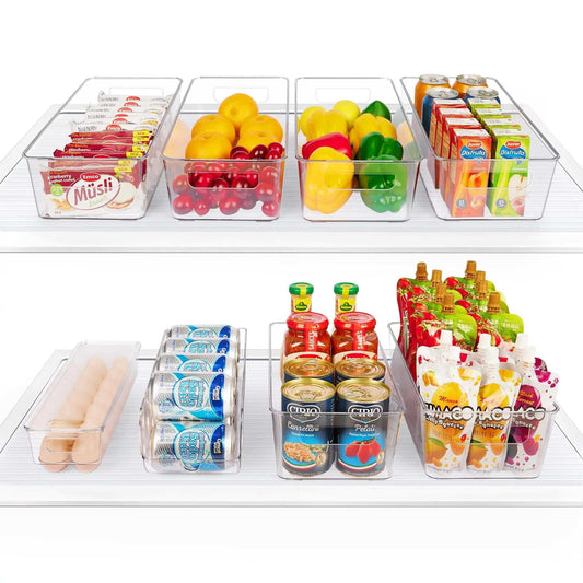 Set of 8 Refrigerator Organizer Bins,  Clear Plastics Fridge Organizer bins and Storage with Handles