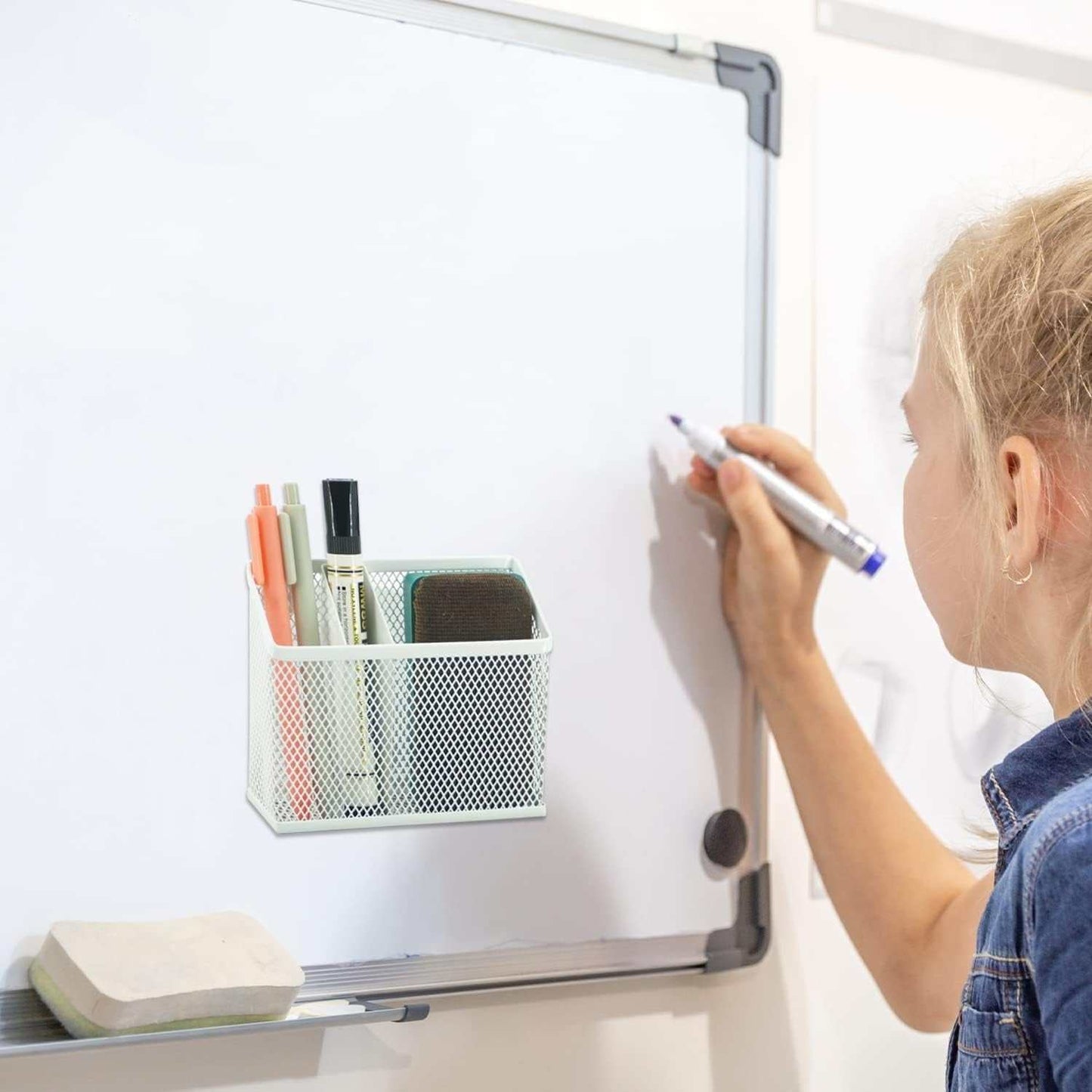 Magnetic Pencil Holder,Magnetic Dry Erase Marker Holder for Whiteboard, Magnetic Storage Basket for Refrigerator, Pack 2 (White)