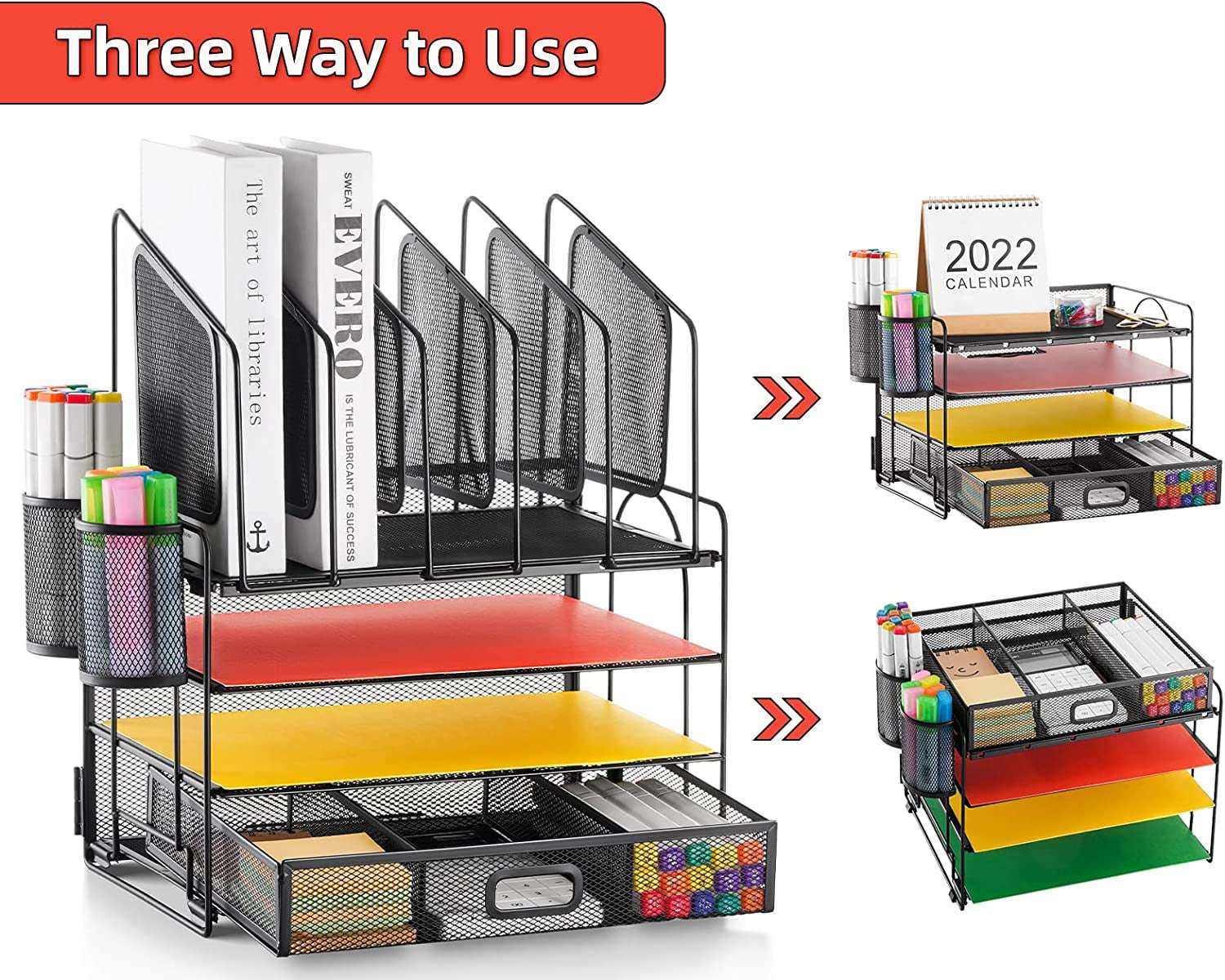 Desk Organizer with Drawer, 4-Tier Mesh Desk File Organizer with 5 Vertical File Holders and 2 Pen Holders, Multifunction Desktop Organizer