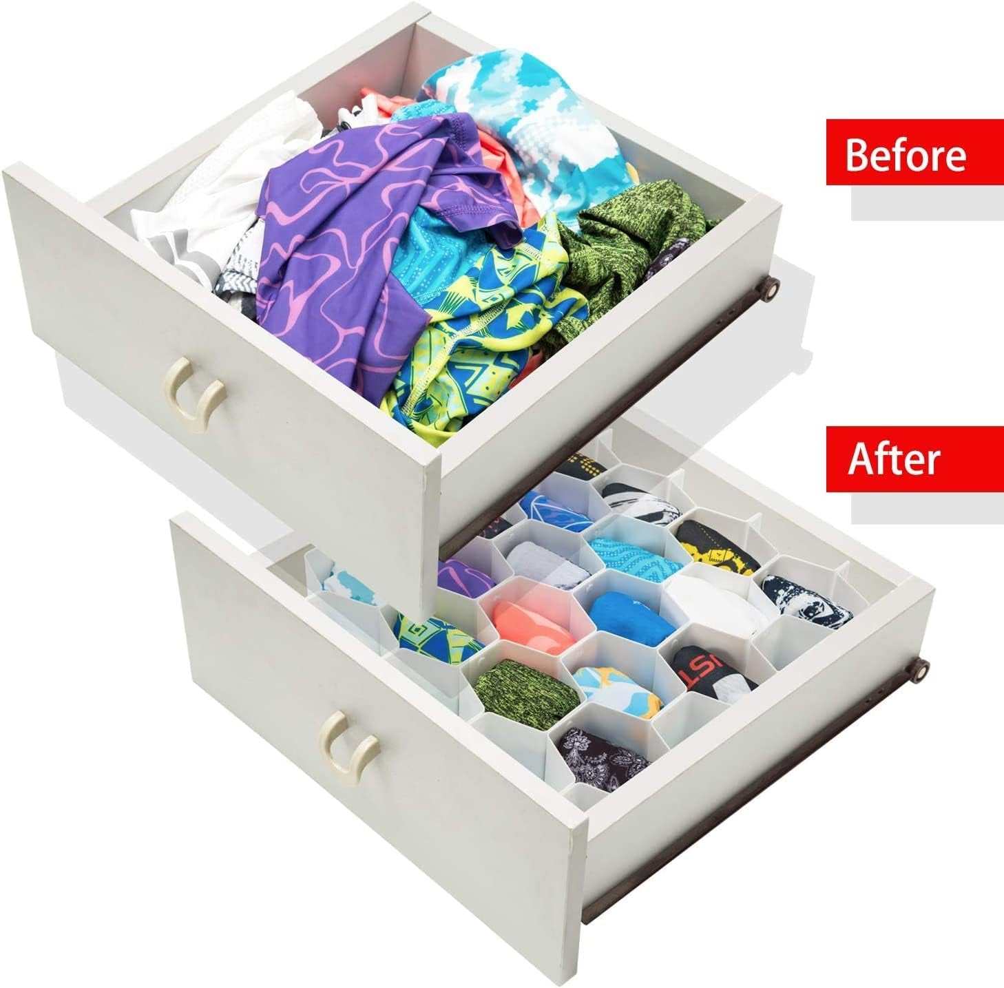 32Pcs Honeycomb Drawer Organizers Adjustable Partition Storage for Underwear Socks Bras Ties Belts Scarves White Total of 72 Slots