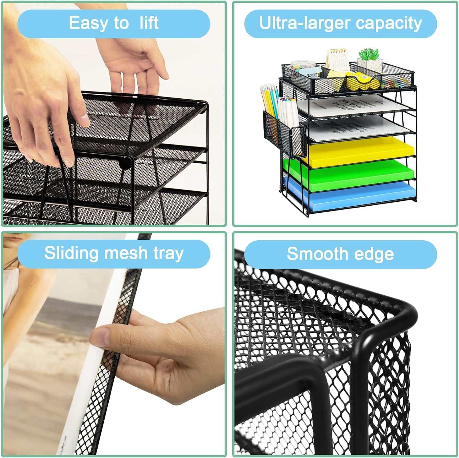 Desk Organizers, 5-Tier Paper Letter Tray Organizer with Pen Holder, Mesh Desktop File Organizer with Drawer, Desk Organizers and Accessories for Office School Supplies, Black