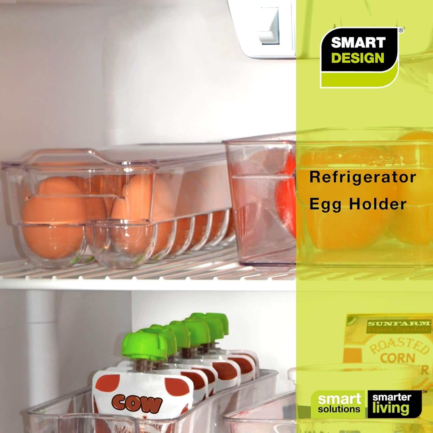 Stackable Refrigerator Egg Holder Bin with Handle and Lid - BPA Free Plastic - Fridge Drawer, Freezer Tray, Kitchen Pantry Storage Container Organizer - 14.65 X 3.25 Inch - Clear