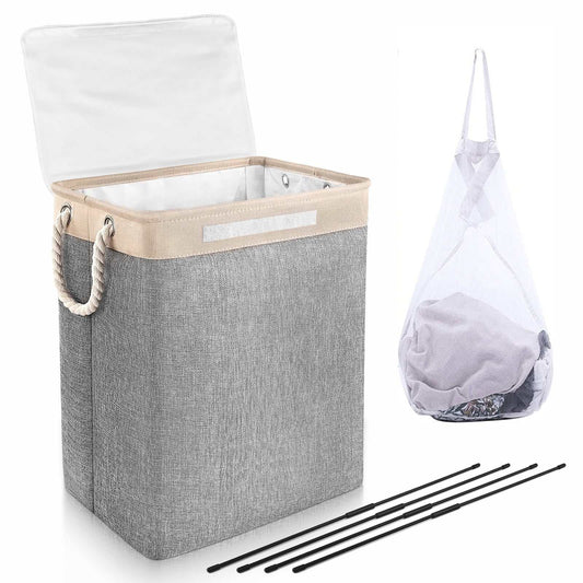 Laundry Basket with Lid,  75 Litre Collapsible Large Linen Washing Hamper with Built-In Lining, Storage Organiser with Handles and Removable Bags for Clothes and Toys, Gray