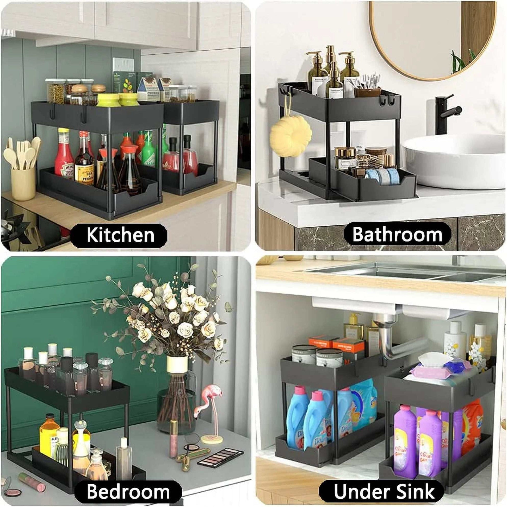 under Sink Organizer, 2 Tier Multi-Purpose Large Capacity Kitchen under Sink Organizers and Storage Easy Access Sliding Storage Drawer with Hooks and Hanging Cup for Bathroom under Sink