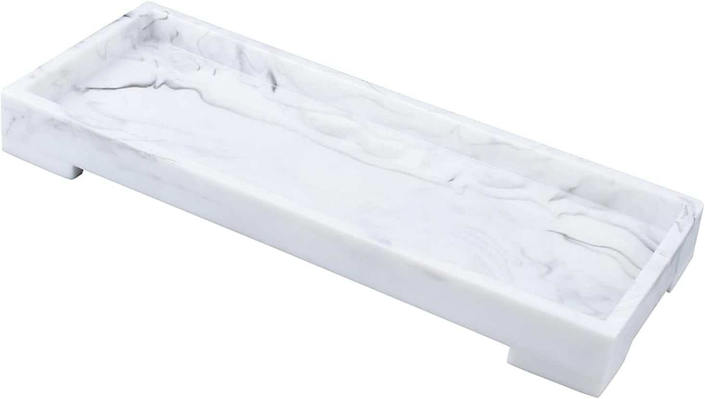 Vanity Tray Toilet Tank Tray, White Elegant Marble Pattern Bathtub Tray, Vanity Bathroom Organizer for Collect Small Things, Make-Up Desk Tray, Resin Dresser Jewelry Tray, Medium Size