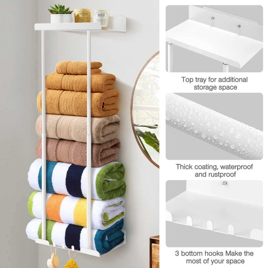 Wall Towel Rack for Rolled Towels, New Upgrade Towel Racks for Bathroom Wall Mounted, Bathroom Bar Towel Storage, Metal Bath Towel Holder for Folded Large Towel Washcloths, White