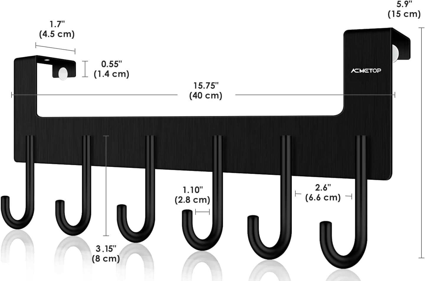 over the Door Hooks, over the Door Hanger, Heavy Duty Aluminum over the Door Towel Rack, Door Hooks for Hanging Coat, Towel, Bag, Robe - 6 Hooks, Brush Finish (Matte Black 1Pcs)