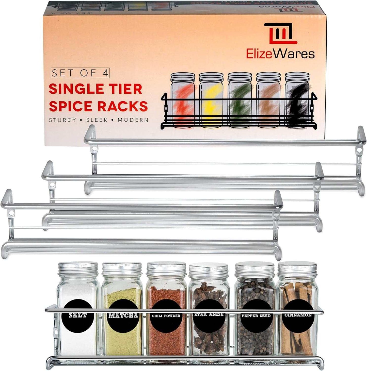 Wall Mount Spice Rack Organizer for Cabinet Door - Set of 4 Hanging Spice Shelves in Chrome- 11.5 X 2.5 X 2.5 Inches.