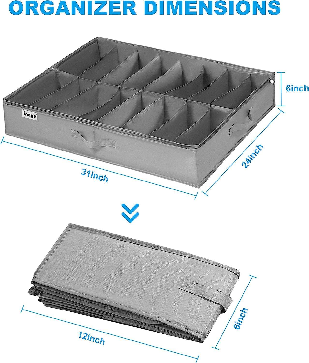 under Bed Shoe Storage Organizer Set of 2, Fits 32 Pairs, Underbed Shoe Box Storage Containers Adjustable Dividers W/Bottom Support Velcro, Clear Foldable Shoes Storage W/Reinforced Handles