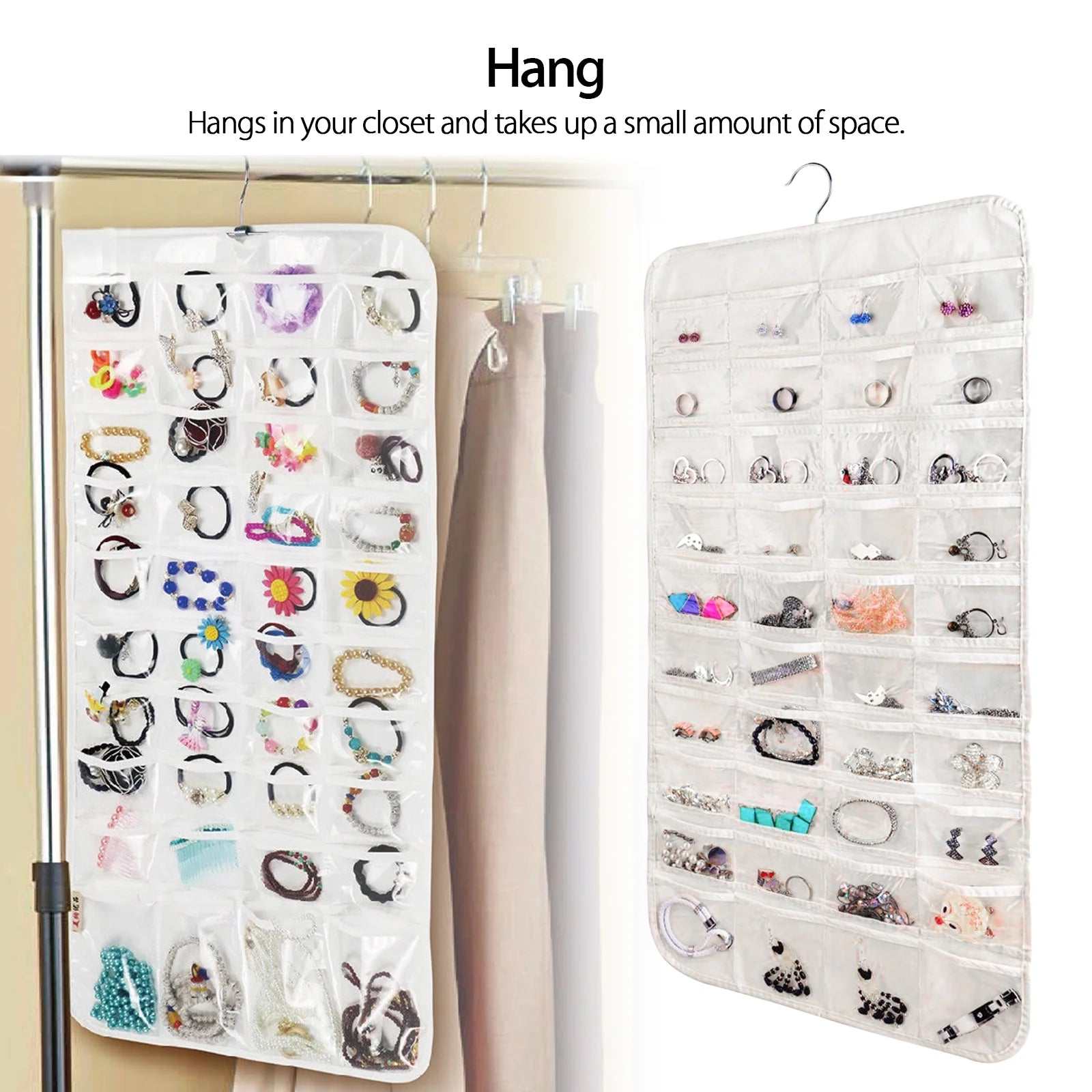 Hanging Jewelry Organizer with 80 Pockets,  Double Sided Closet Storage Bag, Transparent Accessories Organizer for Earrings Necklace Bracelet Ring Accessory Display