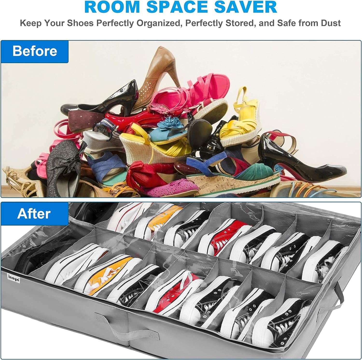 under Bed Shoe Storage Organizer Set of 2, Fits 32 Pairs, Underbed Shoe Box Storage Containers Adjustable Dividers W/Bottom Support Velcro, Clear Foldable Shoes Storage W/Reinforced Handles