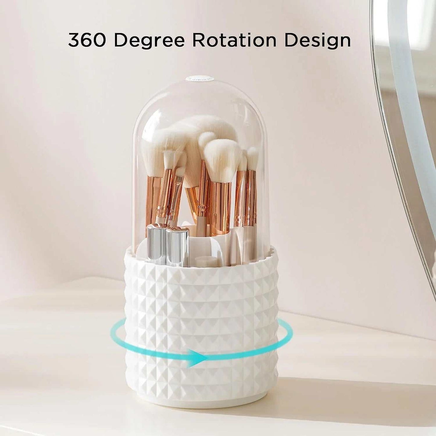 Makeup Brush Holder, Dustproof 360 Rotating Cosmetics Make up Brush Organizer Storage with Lid for Vanity and Bathroom