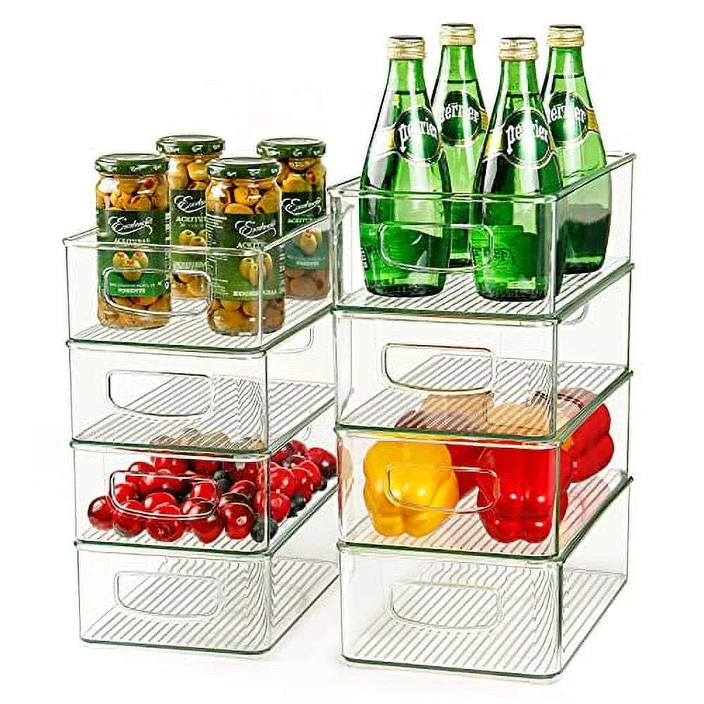 Set of 8 Refrigerator Organizer Bins, 4 Large and 4 Medium Stackable Plastic Fridge Organizers with Handles for Freezer, Kitchen, Cabinet, Pantry Food Storage Rack, BPA Free