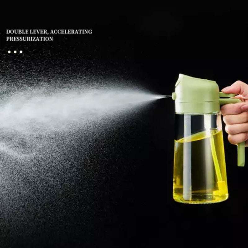 2-In-1 glass oil sprayer and dispenser bottle spraying fine mist.