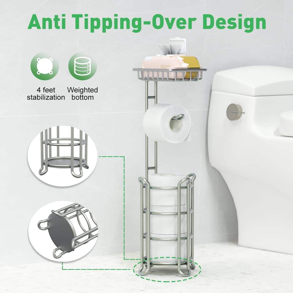 Toilet Paper Holder Stand Bathroom Tissue Dispenser Holders Rack Free Standing with Extra Shelf Storage Mega Rolls/Phone/Wipe - Silver