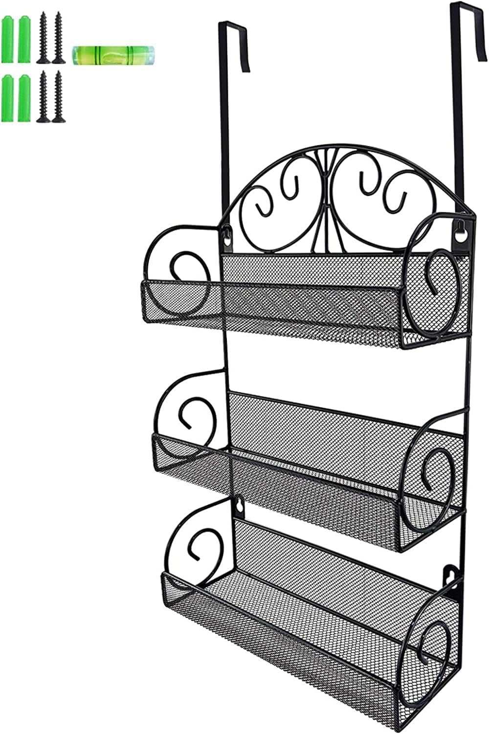 3 Tier over the Door Spice Rack, Hanging Organizer for Cabinet Pantry Kitchen Bathroom, Over-Door or Wall Mounting, Black