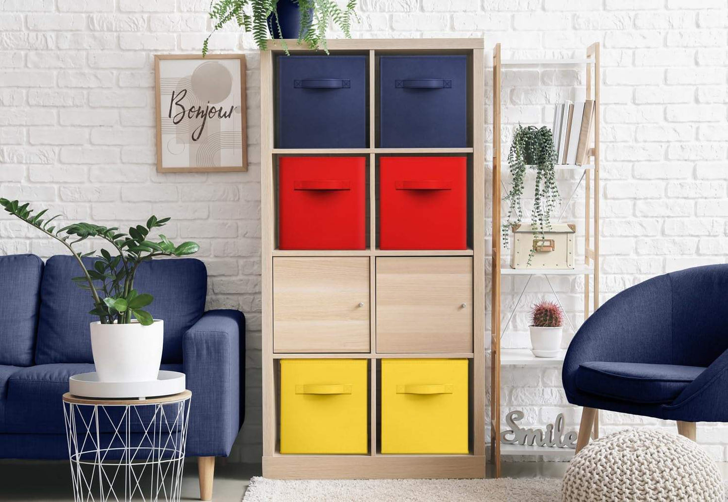 Storage Cubes - 11" Foldable Storage Bins with Handle for Nursery, Playroom, Closet Organizers and Storage - 6 Fabric Shelf Basket for Toys, Books, Clothes - Yellow Navy & Red Storage Bins