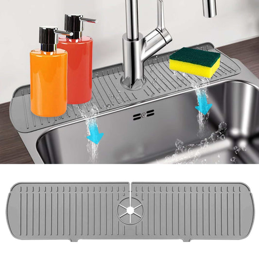 Kitchen Sink Splash Guard,  24Inch Silicone Faucet Handle Drip Catcher Tray Mat, Dish Soap Dispenser Sponge Holder, Sink Accessories for Kitchen Counter and Bathroom, Gray/Off White