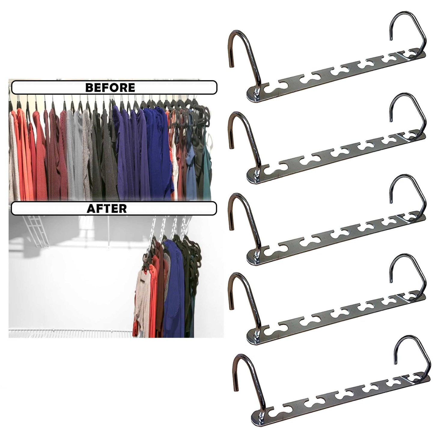 Metal Space Saving Closet Hangers - 5Pc - Durable & Sturdy, Collapsible Cascading Design W/ Multiple Hooks - Clothing & Wardrobe Organizer W/ Universal Fit for All Garments & Closet Rods