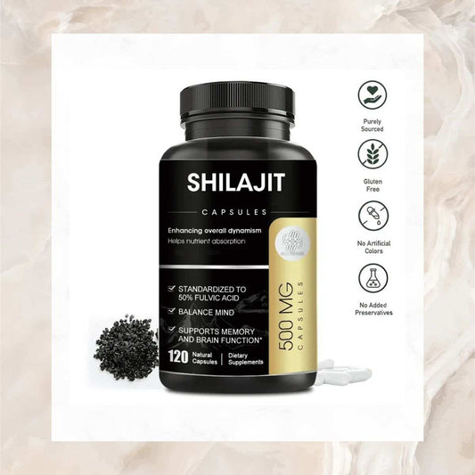 Shilajit Capsules 500Mg bottle with black label, highlighting benefits like energy boost and mental clarity, non-GMO and additive-free.
