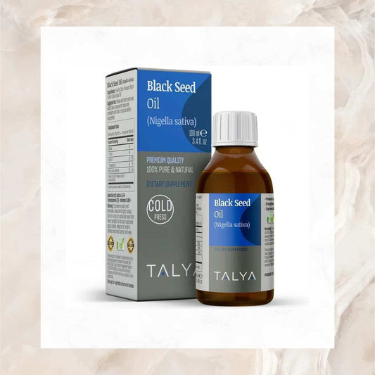 Talya Black Seed Oil 100ml glass bottle with packaging, premium cold-pressed oil rich in Thymoquinone, essential fatty acids, and antioxidants.