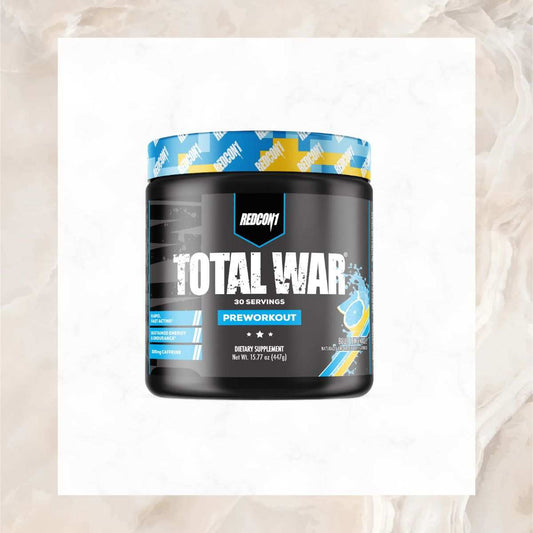 TOTAL WAR PRE-WORKOUT Blue Lemonade supplement jar with 30 servings for energy and endurance.