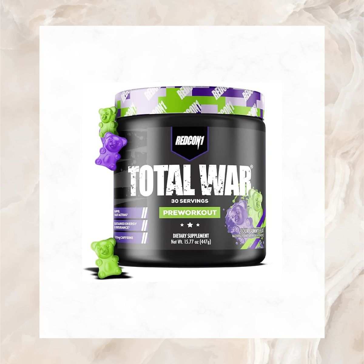 TOTAL WAR Pre-Workout supplement jar with sour gummy bear flavor, featuring 30 servings.