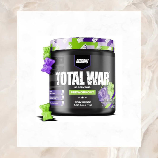 TOTAL WAR Pre-Workout supplement jar with sour gummy bear flavor, featuring 30 servings.