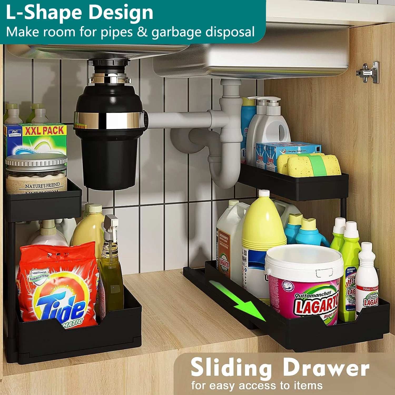 2-Pack under Sink Organizer Storage, 2 Tier L-Shape Multi-Purpose Large Capacity Kitchen under Sink Organizers for Narrow Space Easy Access Sliding Storage Drawer with Hooks for Bathroom