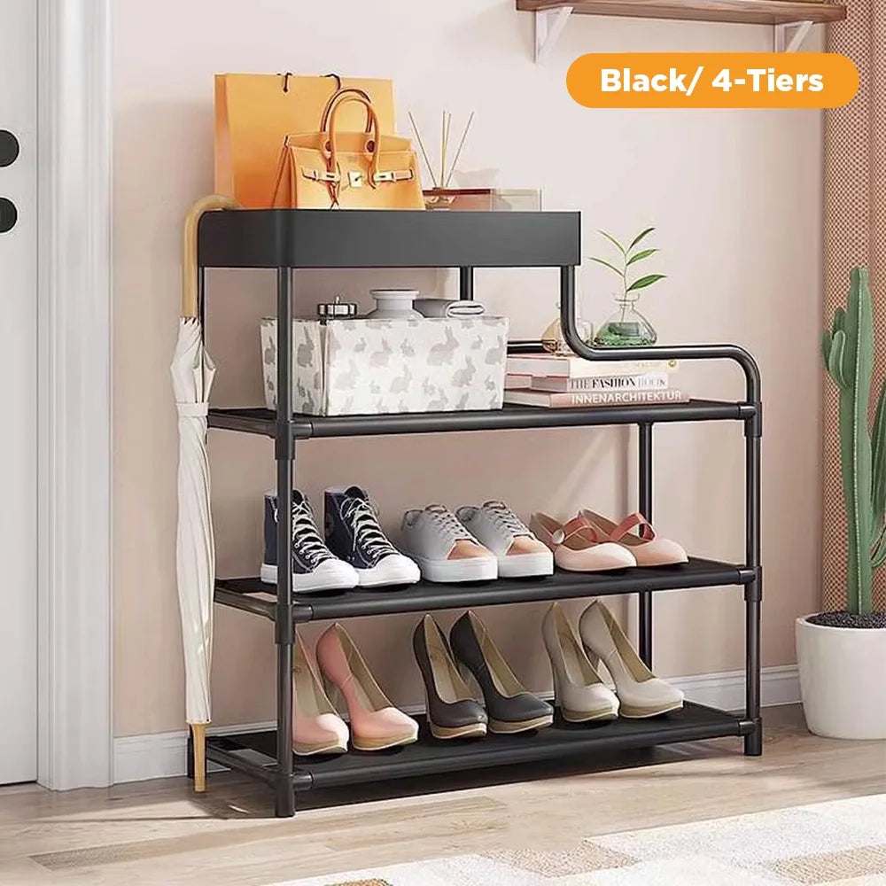 4-Tier Free Standing Shoe Rack, 24.8 in Shoe Shelf, Entryway Shoe Organizer Storage Cabinet, with 3 Fabric Shelves and Storage Top for Bags or Shoes, Black