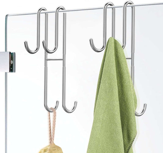 Shower Door Hooks, 2 Pack Double Towel Hooks for Bathroom Frameless Glass Shower Door, Heavy Duty Stainless Steel Bathroom Hanger without Perforation，Silver