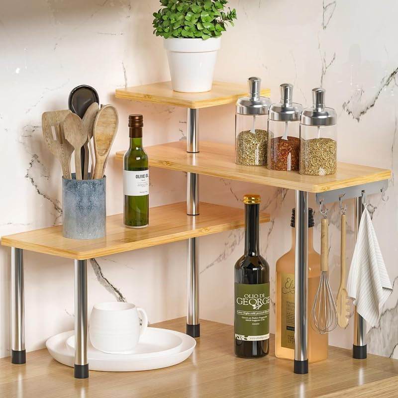 Kitchen Countertop Organizer Corner Shelf - 3 Tier Bathroom Storage Display Counter Shelves Bamboo Spice Rack Desk Bookshelf with Hooks