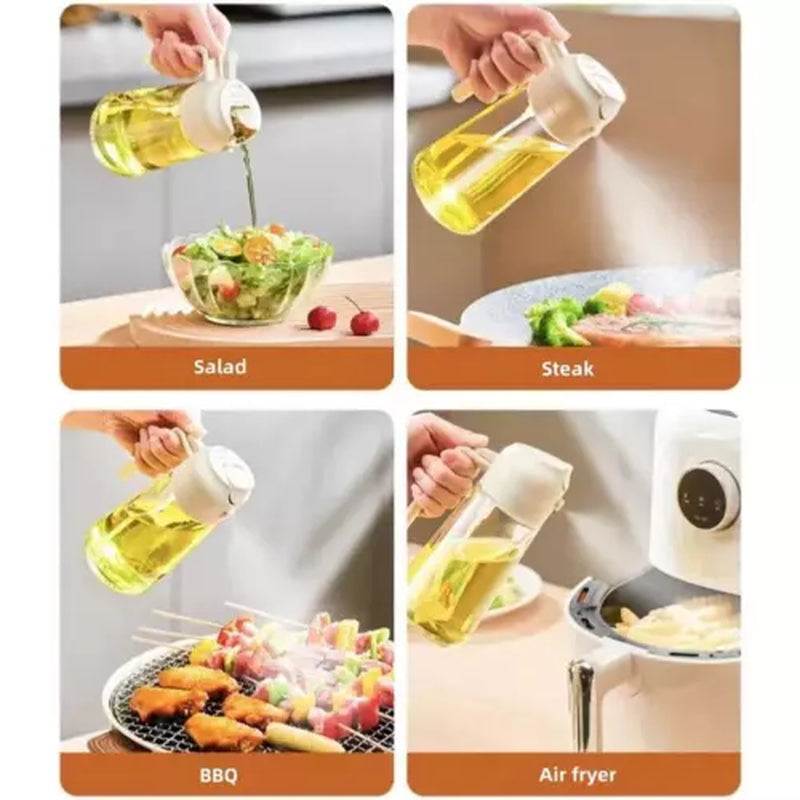 450ML glass oil sprayer and dispenser, dual-function design for spraying and pouring, ideal for dressing, grilling, and baking, made of food-grade materials.