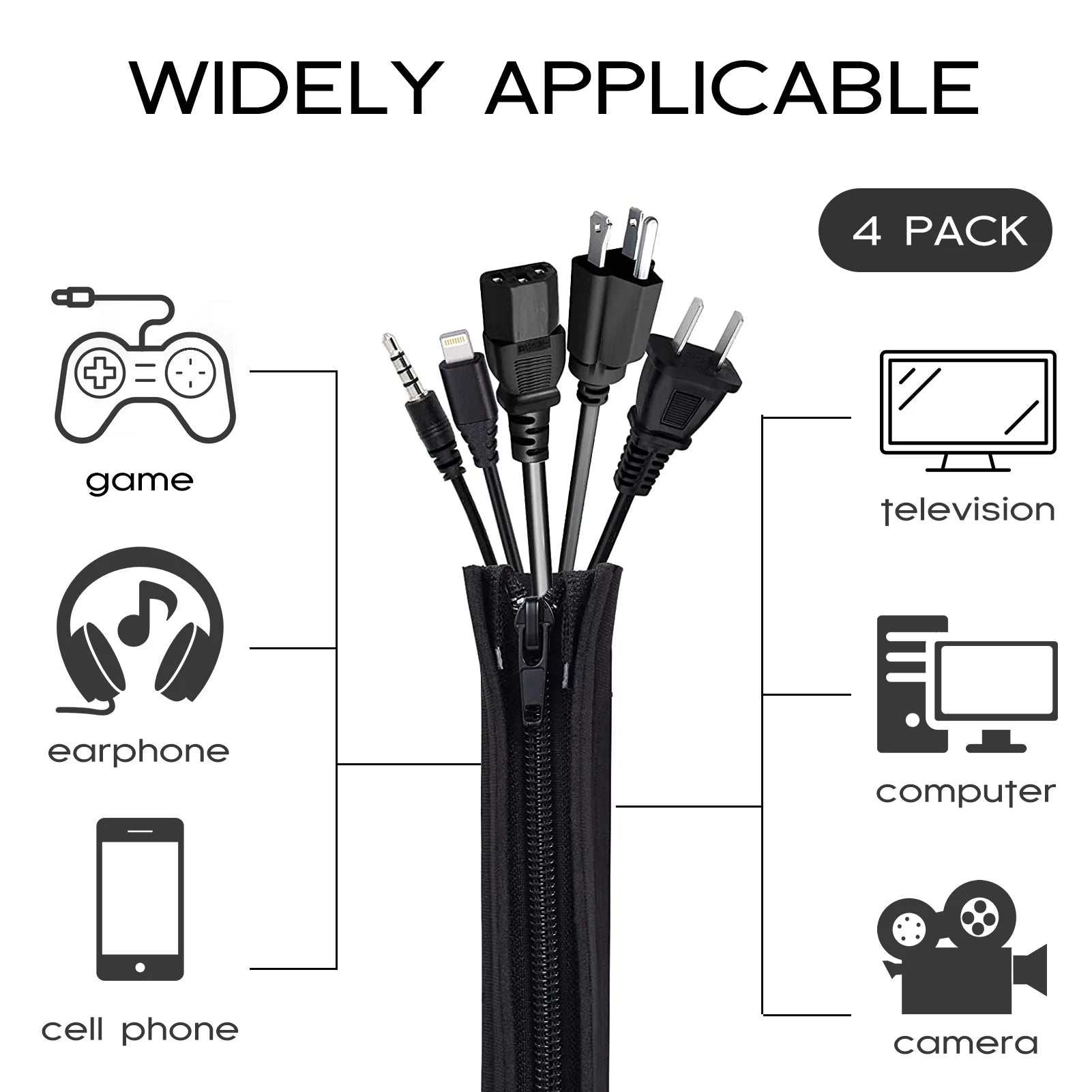 Cable Sleeves,[4 Pack] Flexible Cable Management Sleeves,[Waterproof][Buckles Design] 19.5 Inch Wire Cover Cord Organizer System with Zipper for Tv,Computer,Office,Home Entertainment,Black