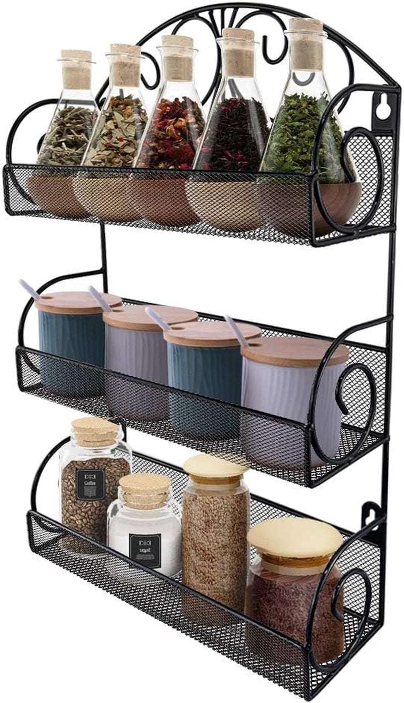 3 Tier over the Door Spice Rack, Hanging Organizer for Cabinet Pantry Kitchen Bathroom, Over-Door or Wall Mounting, Black