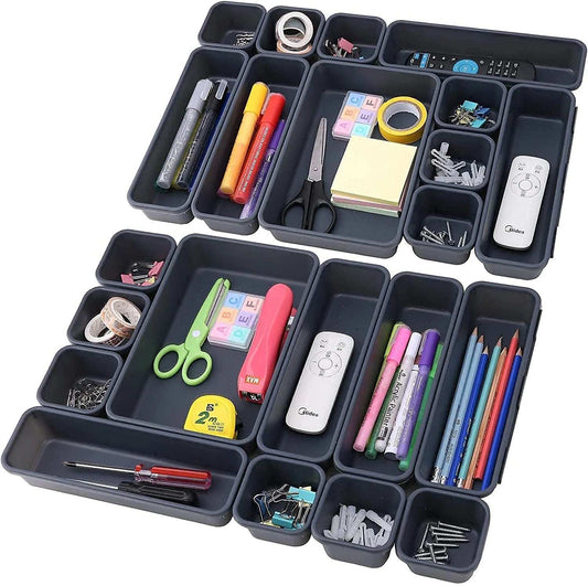 Desk Drawer Organizer, Interlocking Desk Drawer, Available in 3 Sizes, Dark Grey, 22 Pack