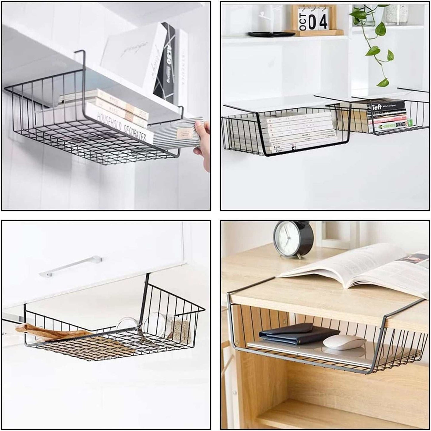 under Cabinet Storage Shelf Wire Basket Organizer Fit Dual Hooks for Kitchen Pantry Desk Bookshelf (1 Pack, Black)